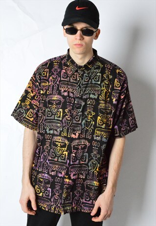VINTAGE 90S BLACK COLOURFUL AZTEC SHORT SLEEVE SHIRT