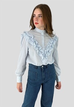 70's Vintage Blue White Long Sleeve Ruffle Cotton Blouse
