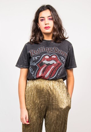 VINTAGE GREY ROLLING STONES GRUNGE ROCK BAND TEE T-SHIRT