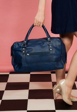 70S 80S VINTAGE BLUE FAUX LEATHER HOLDALL