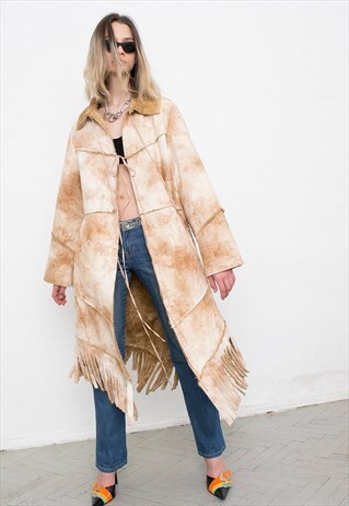 VINTAGE COAT FRINGE DETAIL TIE DYE SHEARLING TIE CLOSURE Y2K