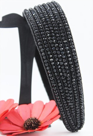 HANDMADE EMBROIDERED, BLACK BEADED HEADBAND, CRYSTAL WIDE