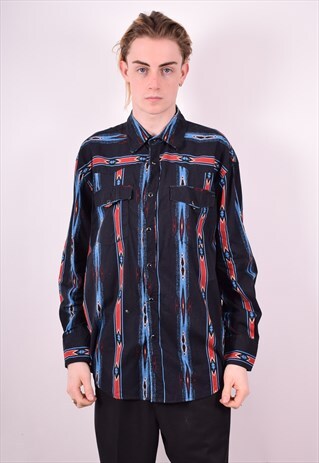 MENS VINTAGE AZTEC SHIRT LARGE NAVY BLUE STRIPE 90S