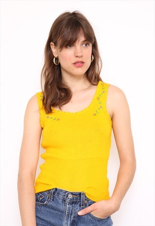 VINTAGE 70S YELLOW STRETCH EMBROIDERED T-SHIRT TOP