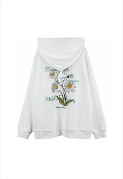 White Flowers embroidered Graphic Oversized Hoodies Y2k
