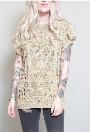 VINTAGE 1970'S BEIGE & BUFF WOVEN LEATHER TOP