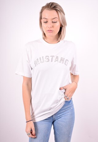MUSTANG WOMENS VINTAGE T-SHIRT TOP SMALL WHITE 90'S OVERSIZE