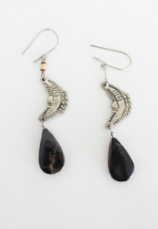 MOON CRESCENT SILVER BLACK STONE DROP EARRINGS