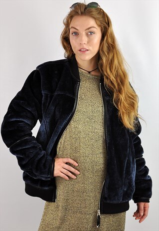 VINTAGE BLUE FAUX FUR BOMBER JACKET