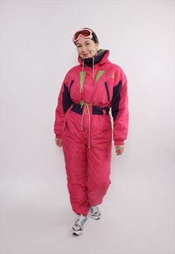 One piece ski suit, Vintage pink ski jumpsuit, retro pinky 