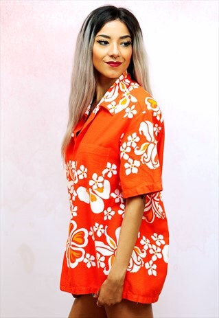1990S VINTAGE VIBRANT ORANGE HAWAIIAN OVERSIZED SHIRT