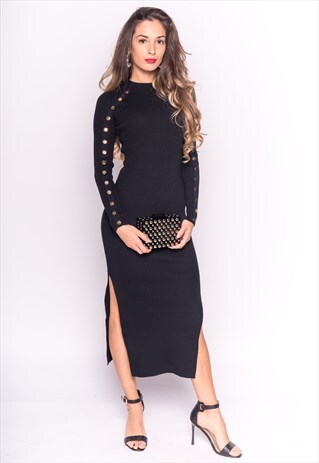 BLACK RIBBED BODYCON MIDI DRESS WITH LONG SLEEVES