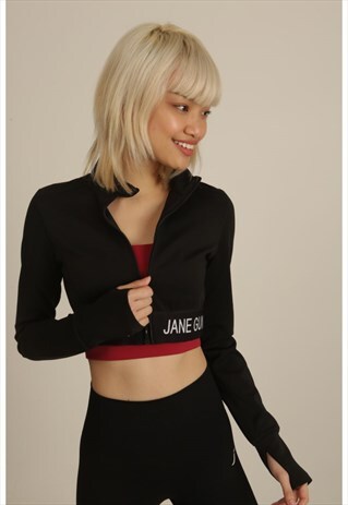 BLACK CROPPED FLEX ZIPPER JACKET