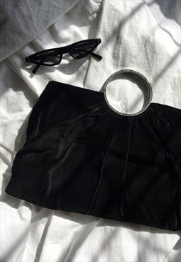 Vintage Y2K Black Velvet Handbag With Silver Diamante Hoop 