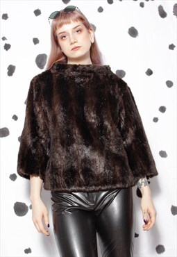 90s grunge y2k goth elegant 3/4 sleeve brown faux fur jumper