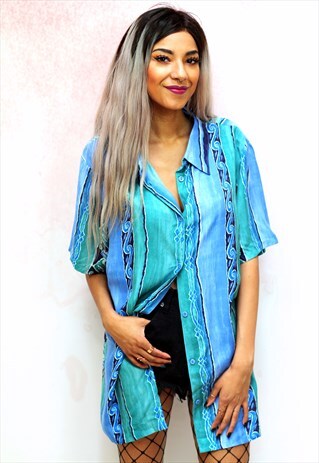 1990S VINTAGE TORQUOISE PATTERN VISCOSE OVERSIZED SHIRT