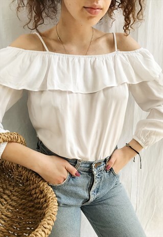 VINTAGE Y2K REWORKED CREAM BOHO MILKMAID BLOUSE CROP TOP