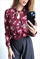 Burgundy 90s Cute Floral Top Blouse Small