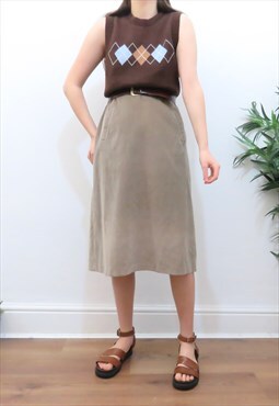 80s Vintage Beige Corduroy Midi Skirt