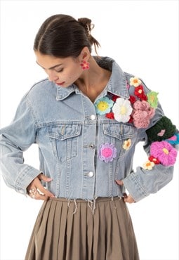 Handknit Floral Patten Demin Jacket in short Length