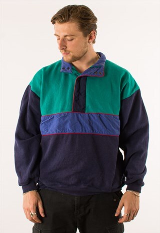 VINTAGE 90S GREEN COLOURBLOCK BUTTN DOWN SWEATSHIRT