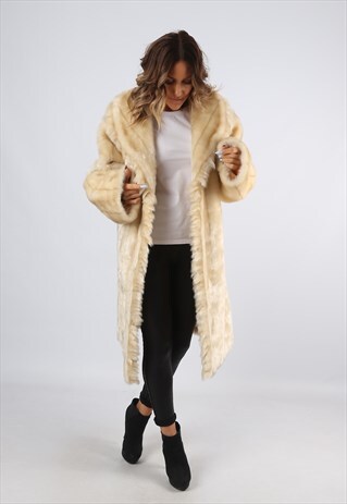 FAUX FUR COAT JACKET LONG VINTAGE UK 18 (A92G)