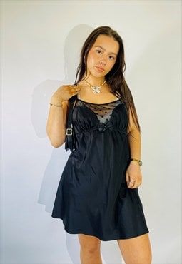 Vintage Size L Satin Lace Mini Slip Dress in Black