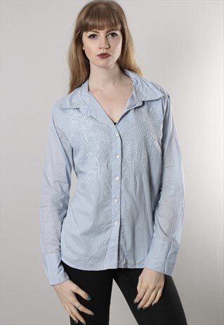 VINTAGE 80S BLUE EMBROIDERED BLOUSE