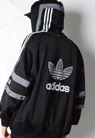VINTAGE 90S BLACK EMBROIDERED ADIDAS TRACK JACKET WITH HOOD