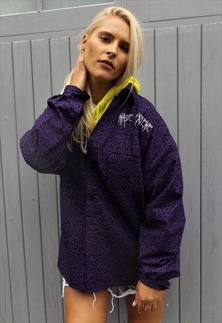 LOOSE FIT OVERSIZE LEOPARD ANIMAL PRINT SLOGAN SHIRT JACKET