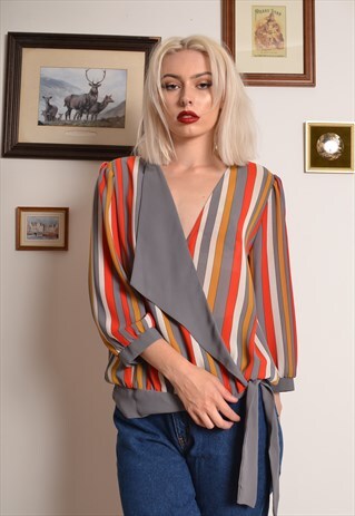 VINTAGE 60S STRIPE CHIFFON WRAP BLOUSE TOP