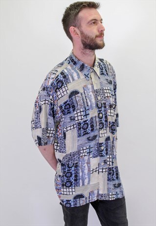 VINTAGE CRAZY ABSTRACT FESTIVAL PATTERN SHIRT IN XL