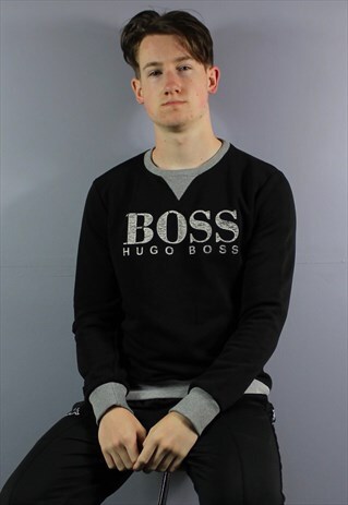 VINTAGE HUGO BOSS SWEATSHIRT IN BLACK WITH PRINTED LOGO. SIZ