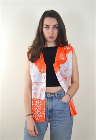 90S VINTAGE ORANGE & WHITE PRINTED BOHEMIAN SLEEVELESS SHIRT