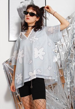 90s grunge y2k goth floral fishnet 1/4 zip oversized t-shirt