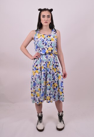 VINTAGE 80'S SLEEVELESS FLOWER PRINT FESTIVAL DRESS 10 12
