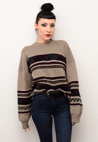 VINTAGE 90'S INDIE GRUNGE ABSTRACT PATTERNED SLOUCHY JUMPER