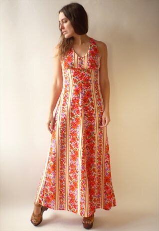 1970'S VINTAGE PSYCHEDELIC FLORAL & STRIPE PRINT MAXI DRESS