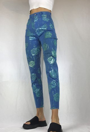 BLUE ROSE PRINT HIGH WAISTED SKINNY JEANS