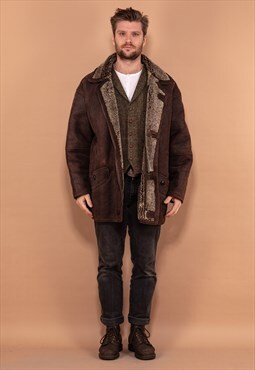 Vintage 90's Men Zip Up Shearling Coat in Brown