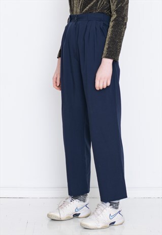 VINTAGE BLUE HIGH WAIST WIDE LEG RETRO TROUSERS