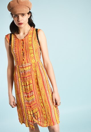 90'S RETRO BOHO PRINT CORRUGATED FESTIVAL MINI DRESS