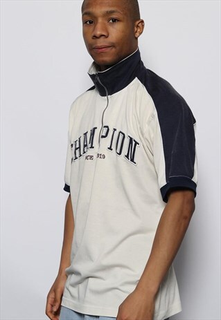 VINTAGE CHAMPION 1/4 ZIP SPELLOUT T-SHIRT CREAM AND BLUE