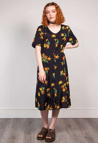 VINTAGE 90'S BLACK FLORAL PATTERN MIDI DRESS