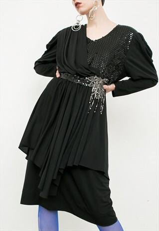 VINTAGE MIDI WRAP DRESS ELEGANT WITH FLOWER BROOCH NEW YEARS