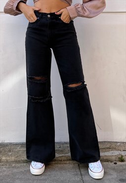 High-Waisted Wide-Leg Ripped Jeans