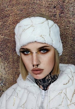 Fleece headband luxury fluffy head cover golden foil white