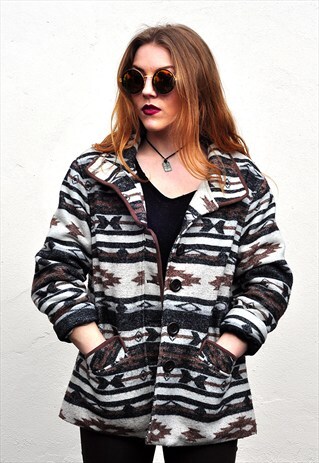 VINTAGE CREAM & GREY AZTEC NAVAJO WOOL FESTIVAL JACKET