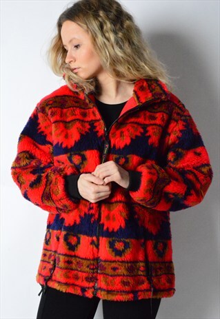 VINTAGE 90S RED ABSTRACT AZTEC FLEECE JACKET