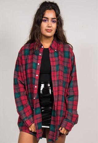 VINTAGE 90'S RED & GREEN CHECK LONG SLEEVE FLANNEL SHIRT